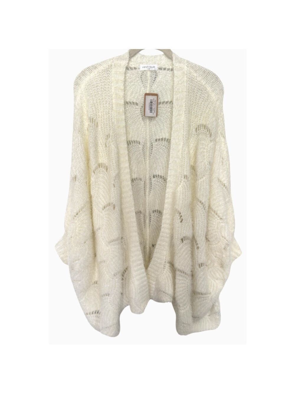 Vestique Free Spirit Cardigan Cream Soft Open Knit Sz S/M Oversized Scallop Hem